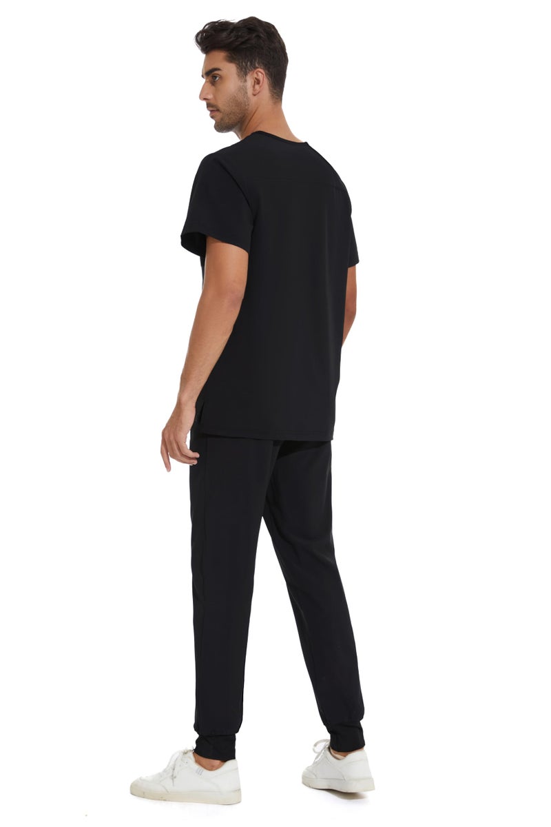 COZYFIT Men Scrubs Set — Stretch V-Neck Scrub Top & Jogger Pant with 8 Pockets, Yoga Waistband, Anti-Wrinkle - Black, XL - Image 4