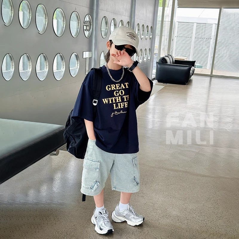 Summer Boys' Short-Sleeve T-Shirt, Children'S Loose Half-Sleeve Trendy Pure Cotton Top For Older Kids, 2026 New Loose Letter Print Shirt - Image 5