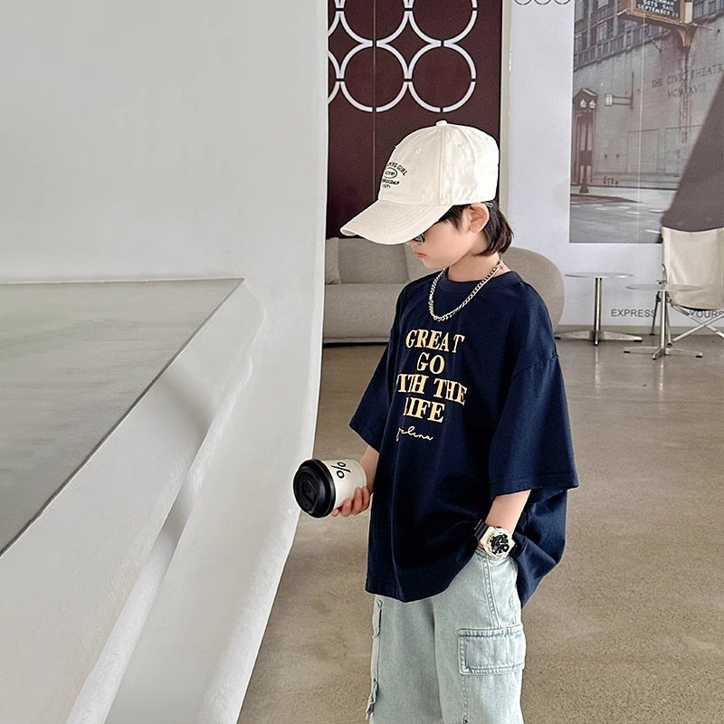 Summer Boys' Short-Sleeve T-Shirt, Children'S Loose Half-Sleeve Trendy Pure Cotton Top For Older Kids, 2026 New Loose Letter Print Shirt - Image 3