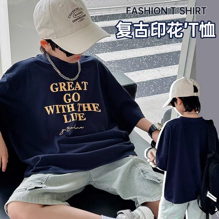 Summer Boys' Short-Sleeve T-Shirt, Children'S Loose Half-Sleeve Trendy Pure Cotton Top For Older Kids, 2026 New Loose Letter Print Shirt - Image 2
