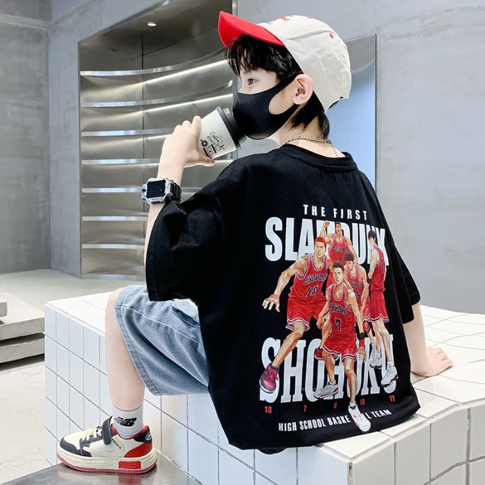 Summer Boys' Short-Sleeve T-Shirt, Children'S Loose Half-Sleeve Trendy Pure Cotton Top For Older Kids, 2026 New Loose Letter Print Shirt - Image 1