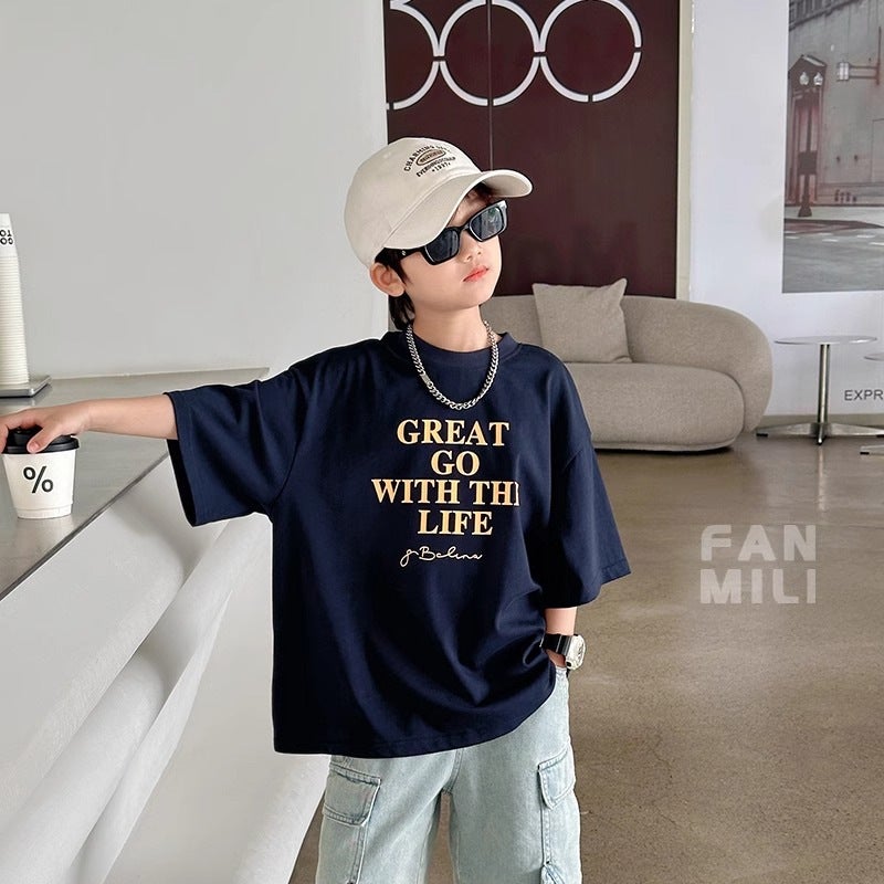 Summer Boys' Short-Sleeve T-Shirt, Children'S Loose Half-Sleeve Trendy Pure Cotton Top For Older Kids, 2026 New Loose Letter Print Shirt - Image 4