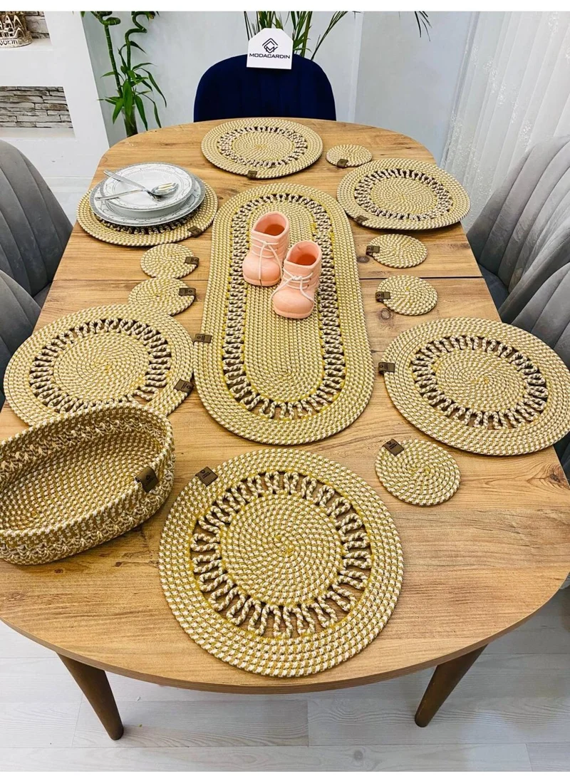 BDZ Deri BDZ Leather Wicker Jute Presentation Plate Mat American Service Runner Basket and Cup Holder 14 Pieces