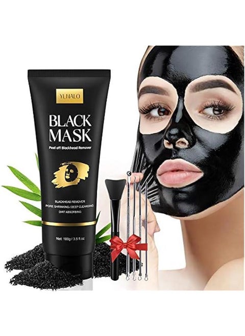 Charcoal Peel Off Blackhead Remover Mask Kit with Brush and Pimple Extractors for Deep Cleansing of Face Nose Pores Acne All Skin Types 3.5 Fl.oz