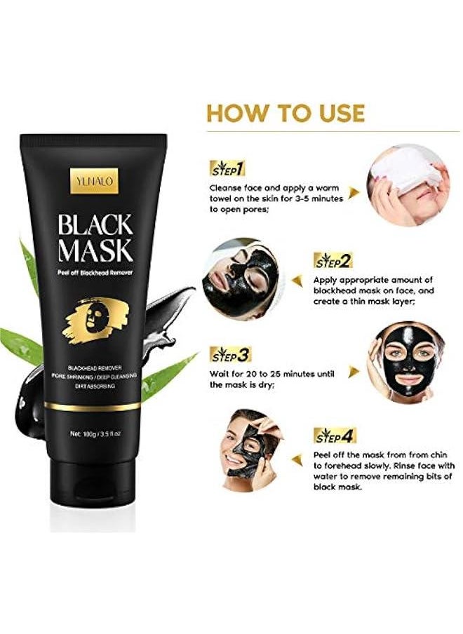 Charcoal Peel Off Blackhead Remover Mask Kit with Brush and Pimple Extractors for Deep Cleansing of Face Nose Pores Acne All Skin Types 3.5 Fl.oz