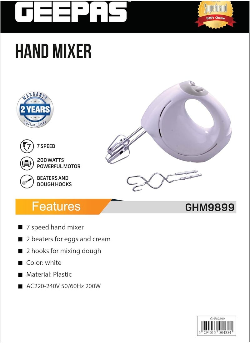 GEE - Hand Mixer- 2 beaters and 2 dough hooks- Professional Food & Cake Mixer for Baking | 7 Speed Function, Includes Chrome Extra Long Beaters and Dough Hooks, Lightweight & Powerful 150 W GHM9899 White - Image 1