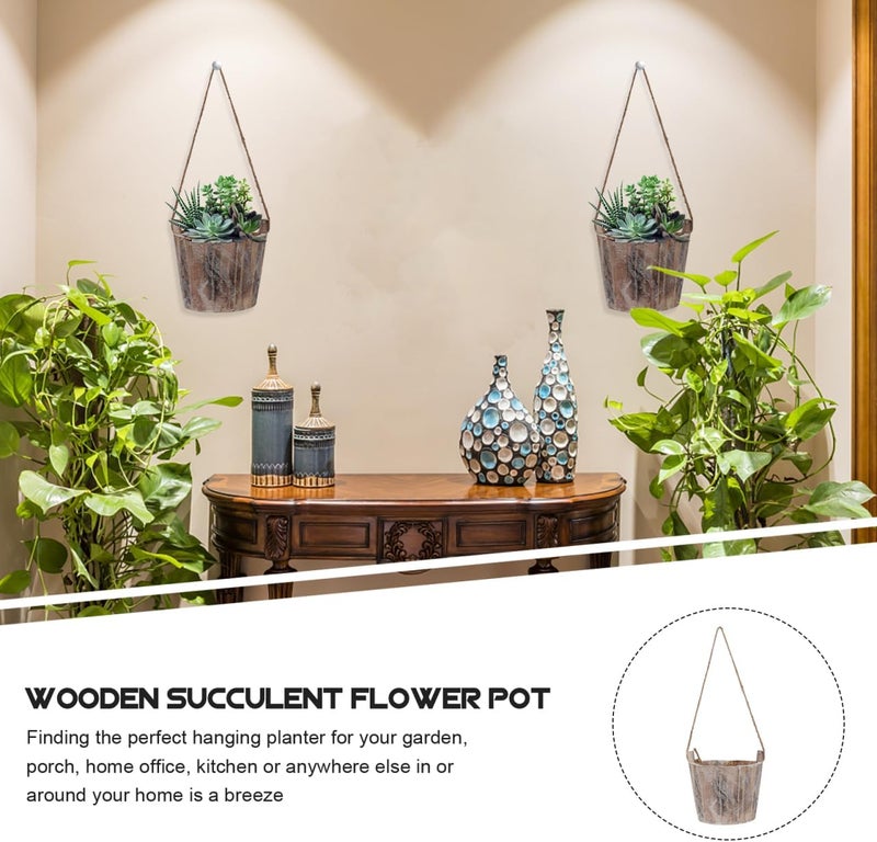 Yardwe Wood Barrel Planter Hanging Succulent Pot with Handmade Rope logs Round Garden Flower Pot for Indoor & Outdoor - Image 3