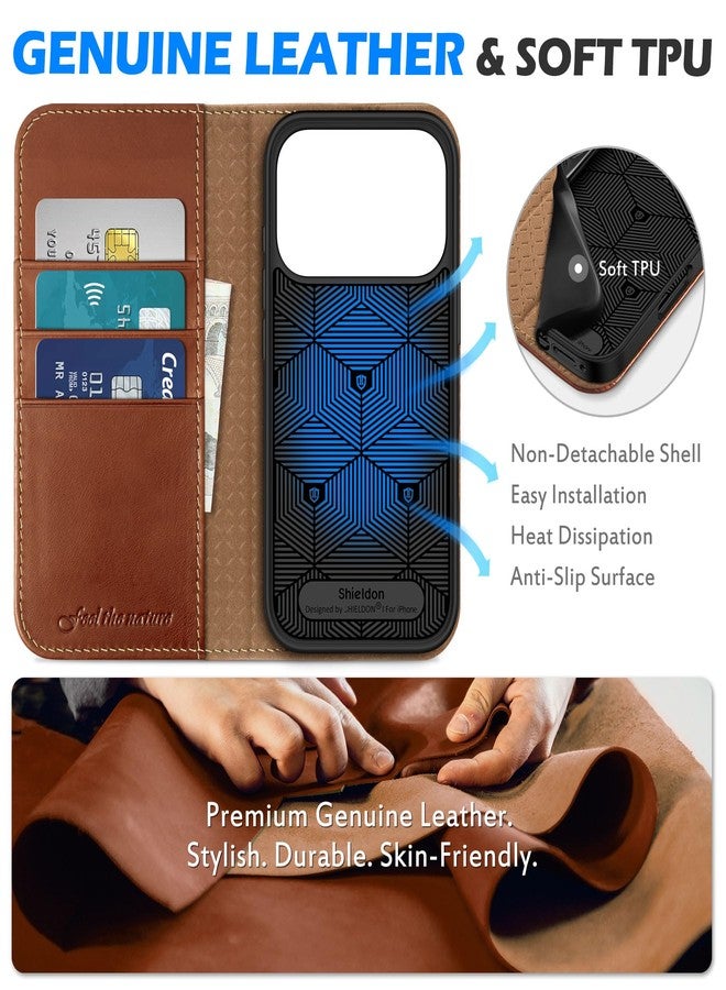 SHIELDON Wallet Case for iPhone 17 Pro 6.3-inch, Genuine Leather, Magnetic Folding Cover, Stand Function, RFID Blocking, Card Holder, Shockproof TPU Shell, Full Protection - Retro Brown - Image 3