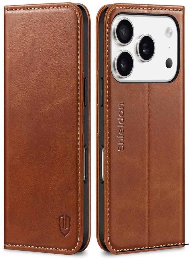 SHIELDON Wallet Case for iPhone 17 Pro 6.3-inch, Genuine Leather, Magnetic Folding Cover, Stand Function, RFID Blocking, Card Holder, Shockproof TPU Shell, Full Protection - Retro Brown - Image 1