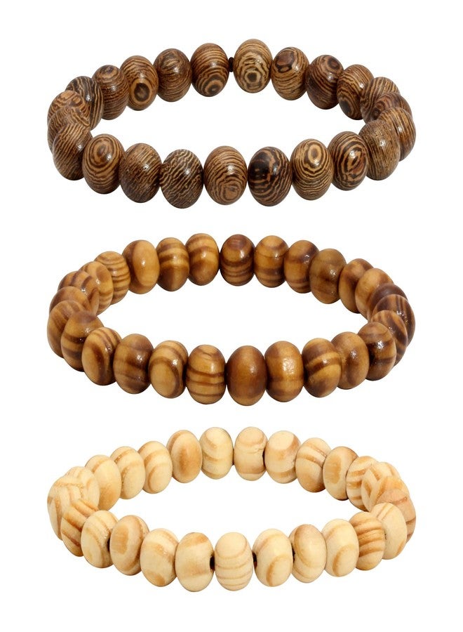 MILAKOO 3 Pcs Wooden Beaded Bracelet Bangle for Men and Women Elastic 8MM Beads - Image 1