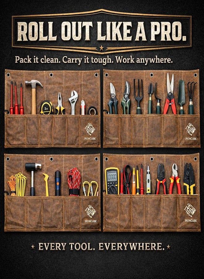 IRONCUBE Tool Organizer Bag, 6 Pockets Wax Canvas Weatherproof Roll-Up Pouch for Hand Tools - Image 4