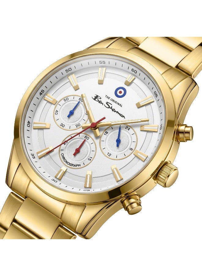 Ben Sherman Cambridge White Dial Gold Stainless Steel Bracelet Chronograph Watch for Men, 42mm - Image 4