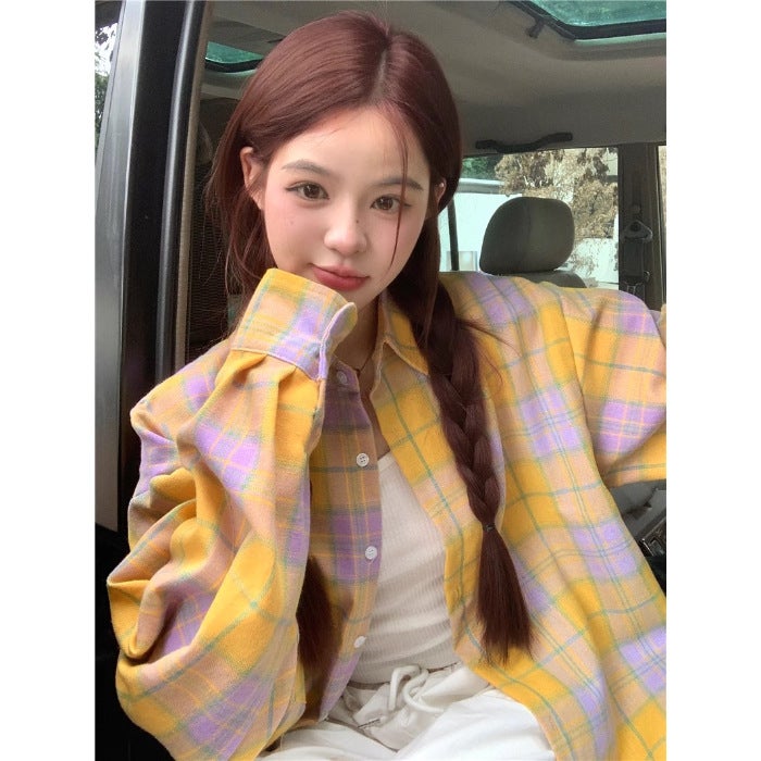 Pink Plaid Long Sleeve Polo Shirt for Women Yellow - Image 1