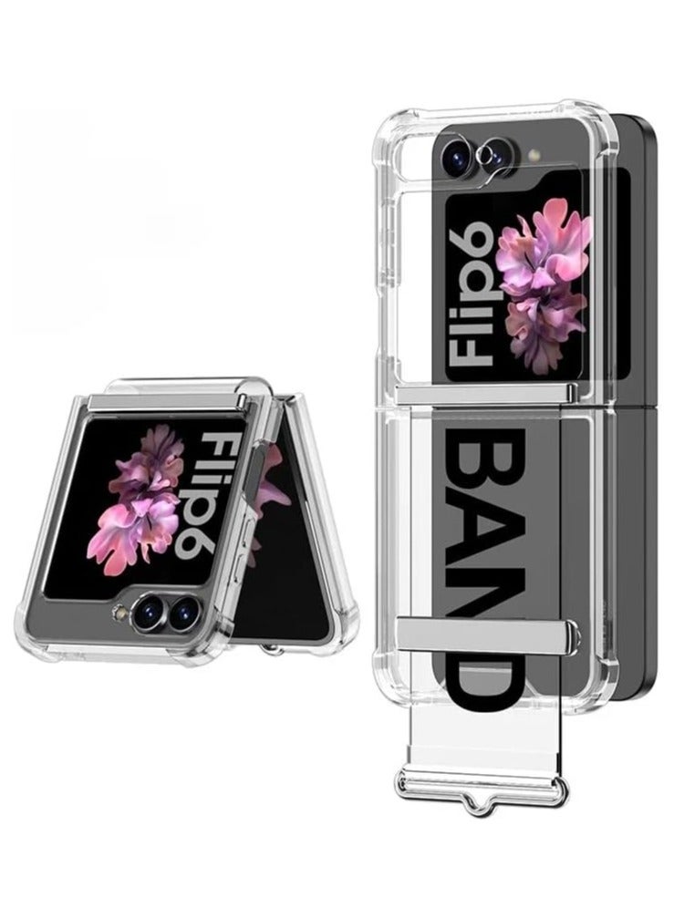 for Galaxy Z Flip 6 Case Buit-in Back Screen Protector, Ultra-Thin Z Flip 6 Case with Stand u0026 Hand Strap, Hard Anti-Scratch Clear Case for Z Flip 6 with Silicone Hinge  - Image 1