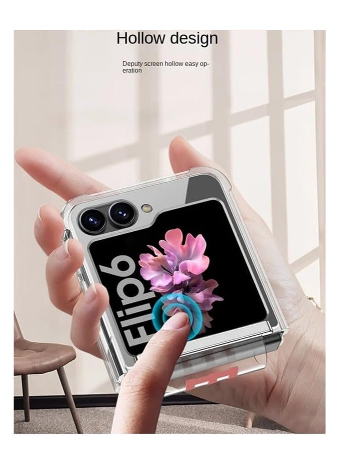 for Galaxy Z Flip 6 Case Buit-in Back Screen Protector, Ultra-Thin Z Flip 6 Case with Stand u0026 Hand Strap, Hard Anti-Scratch Clear Case for Z Flip 6 with Silicone Hinge  - Image 5
