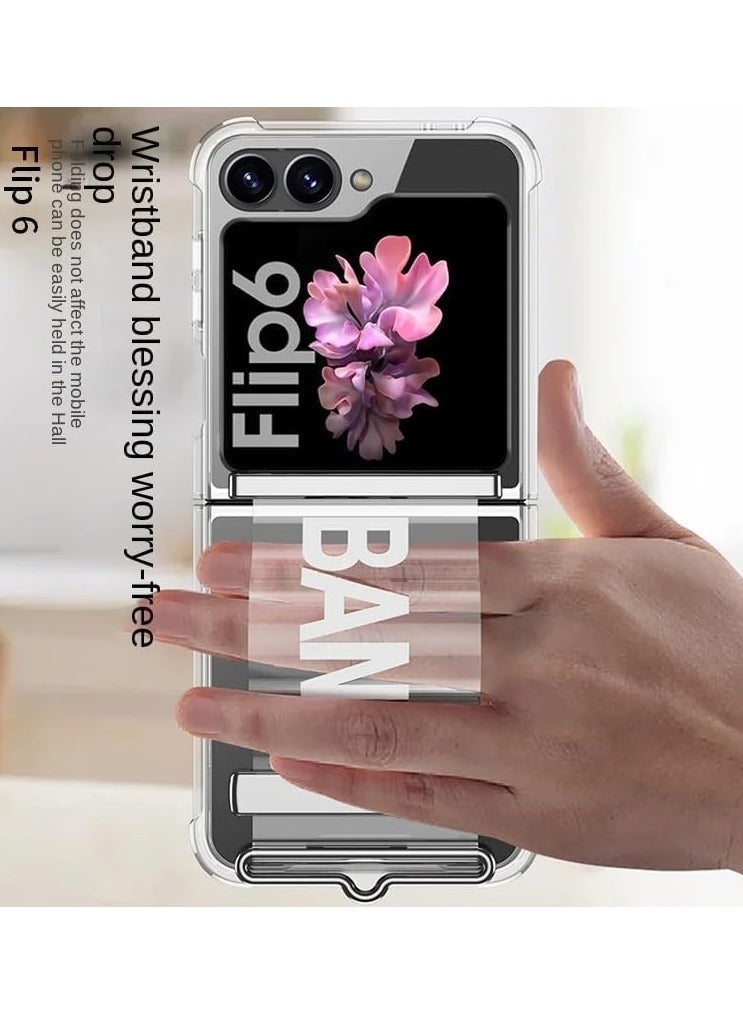 for Galaxy Z Flip 6 Case Buit-in Back Screen Protector, Ultra-Thin Z Flip 6 Case with Stand u0026 Hand Strap, Hard Anti-Scratch Clear Case for Z Flip 6 with Silicone Hinge  - Image 3