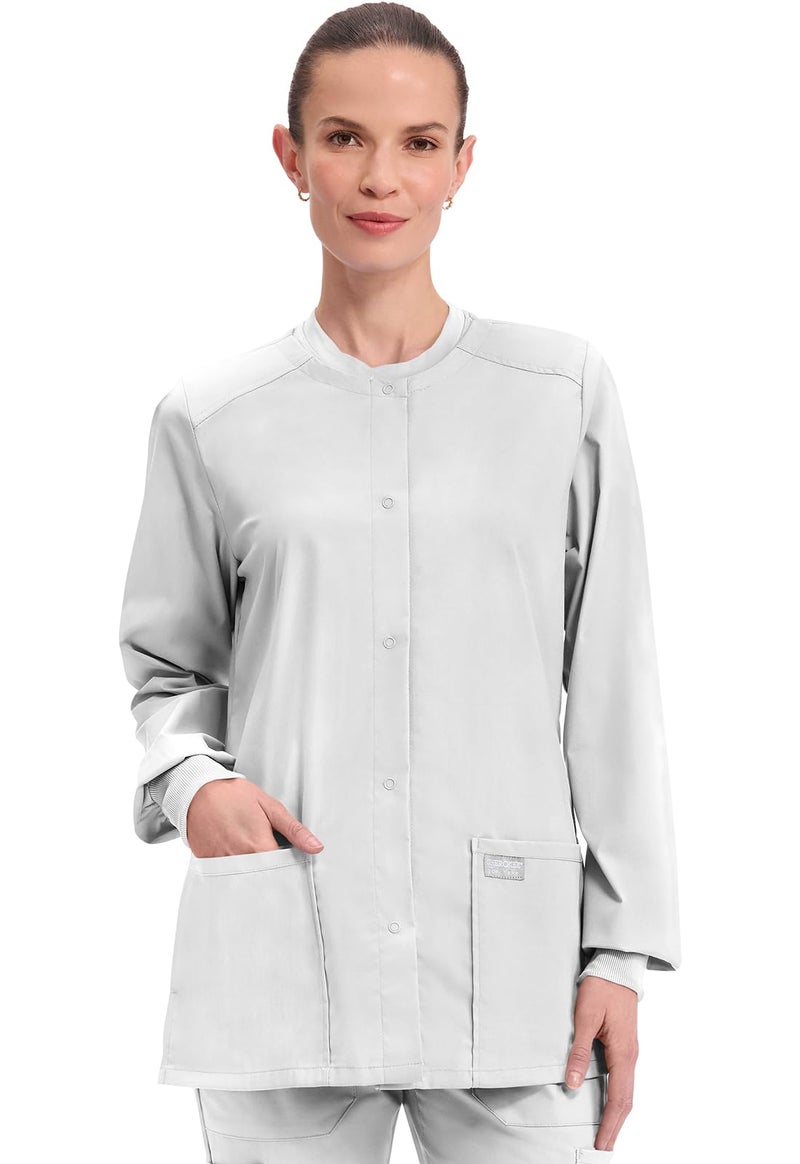 Cherokee Scrub for Women Snap Front Jacket with 3 Pockets, Fade Resistant, 2-Way Stretch, Soft & Durable Fabric - WW340, XS, White - Image 1