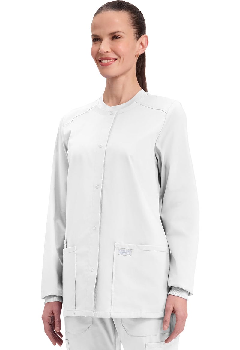 Cherokee Scrub for Women Snap Front Jacket with 3 Pockets, Fade Resistant, 2-Way Stretch, Soft & Durable Fabric - WW340, XS, White - Image 3