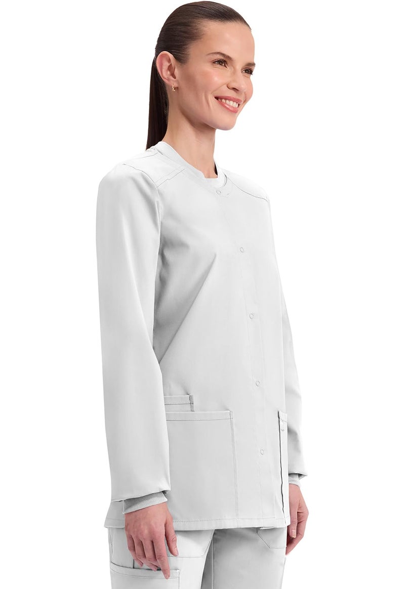 Cherokee Scrub for Women Snap Front Jacket with 3 Pockets, Fade Resistant, 2-Way Stretch, Soft & Durable Fabric - WW340, XS, White - Image 5