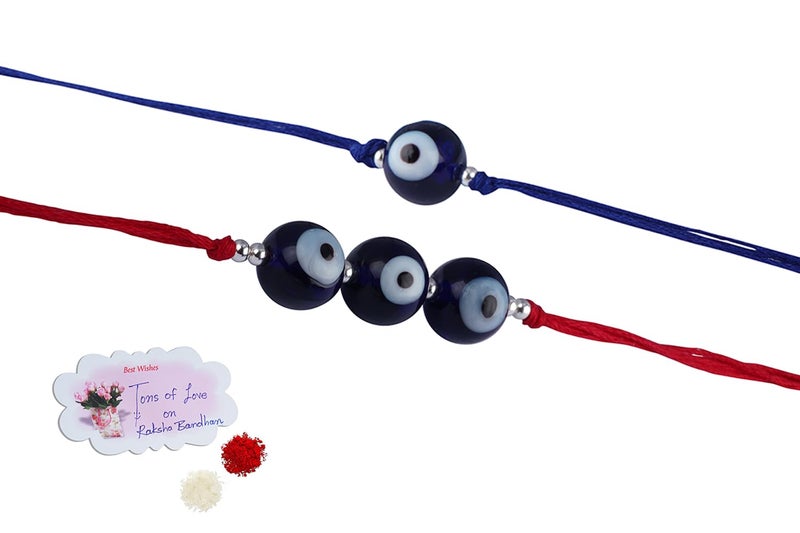 JFL Mens - Jewellery for Less Combo of 2 Fashion Evil Eye Rakhi for Rakshabandhan Festival Brother Rakhi Handcrafted with Roli Chawal and Hand Written Card, Adjustable. - Image 1
