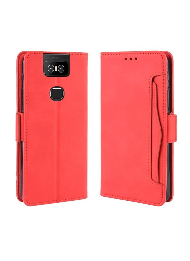 HuHa Case Cover Wallet Style Skin Feel Calf Pattern Leather Case For Asus Zenfone 6 ZS630KL,with Separate Card Slot Red 