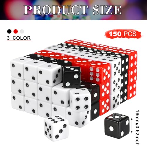 Poen 150 Pcs Dice Set 16mm Standard Game Dice Bulk Black White Red Acrylic Casino 6 Sided for Casino Night Party Decor Craps Board and Tabletop Games - Image 5