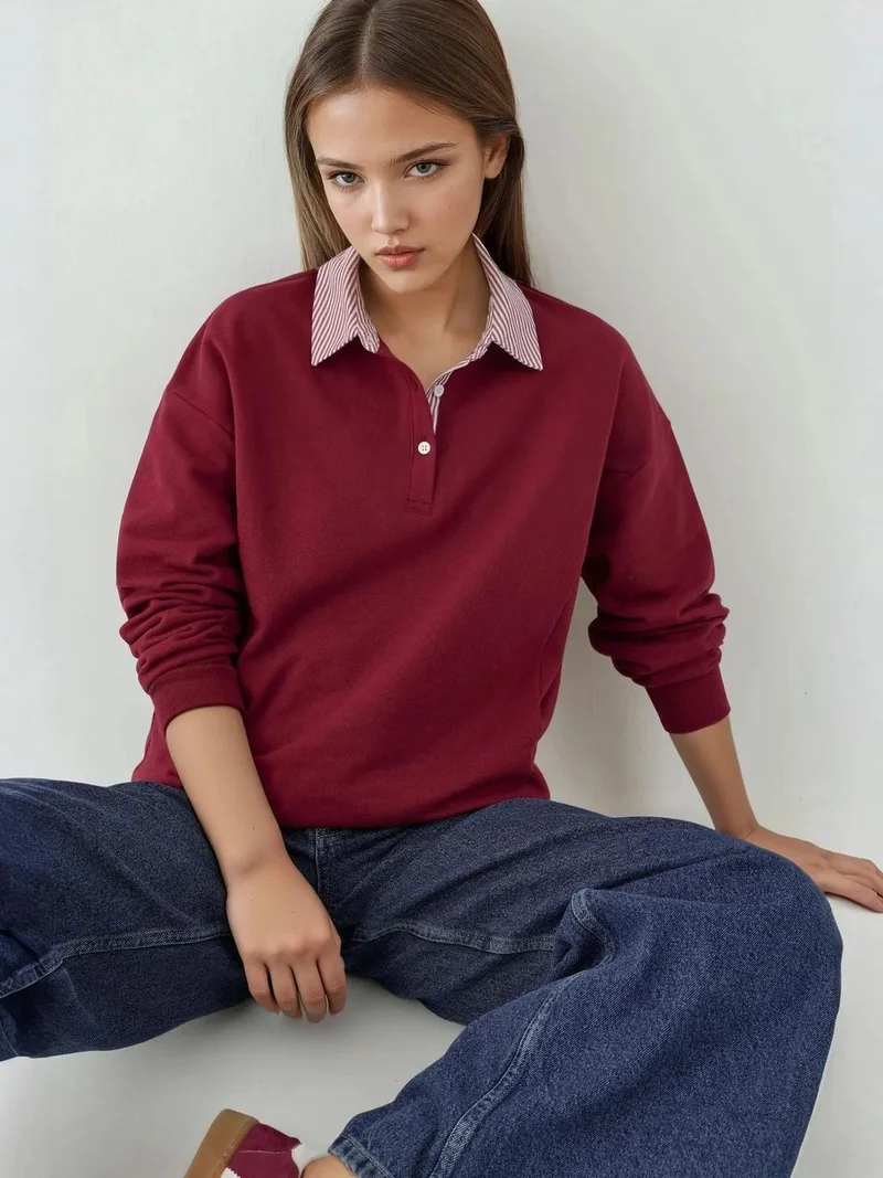 HICCUP Oversized Polo Neck Sweatshirt with Woven Garni Detail