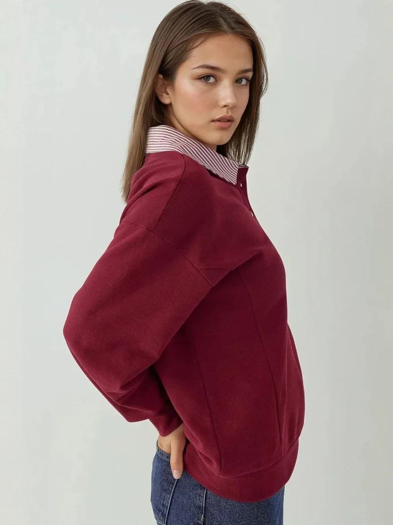 HICCUP Oversized Polo Neck Sweatshirt with Woven Garni Detail