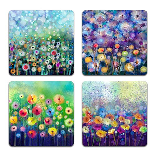 QJ CMJ Beautiful Watercolor Flowers Square Coaster Set - Made of Recycled Rubber - Set of 4 - Image 1