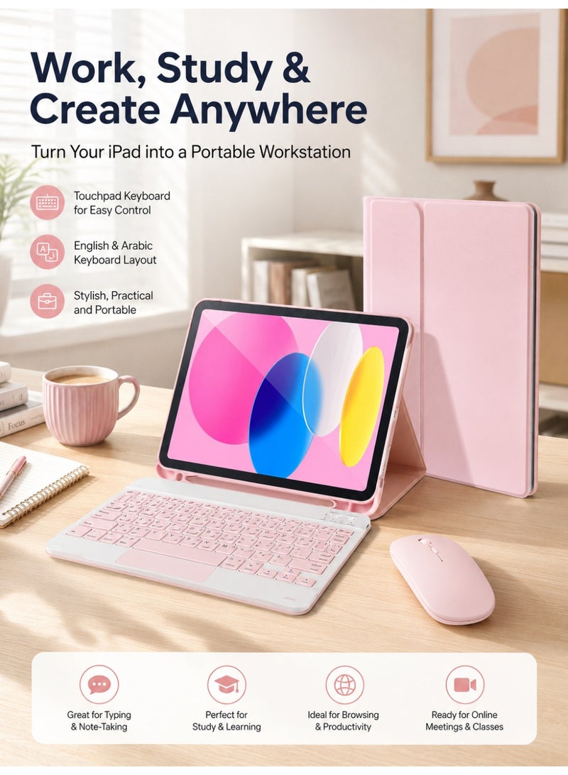 Pink Keyboard Case Set for iPad 10th Gen 2022 / iPad 11th Gen A16 2025 10.9-inch, Detachable Bluetooth Keyboard with Touchpad, English Arabic Bilingual Keys, Bluetooth Mouse, USB-A to Type-C Cable - Image 3