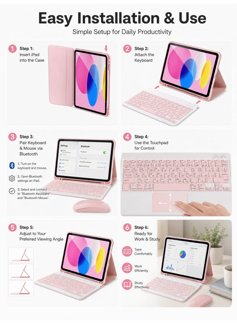 Pink Keyboard Case Set for iPad 10th Gen 2022 / iPad 11th Gen A16 2025 10.9-inch, Detachable Bluetooth Keyboard with Touchpad, English Arabic Bilingual Keys, Bluetooth Mouse, USB-A to Type-C Cable - Image 5