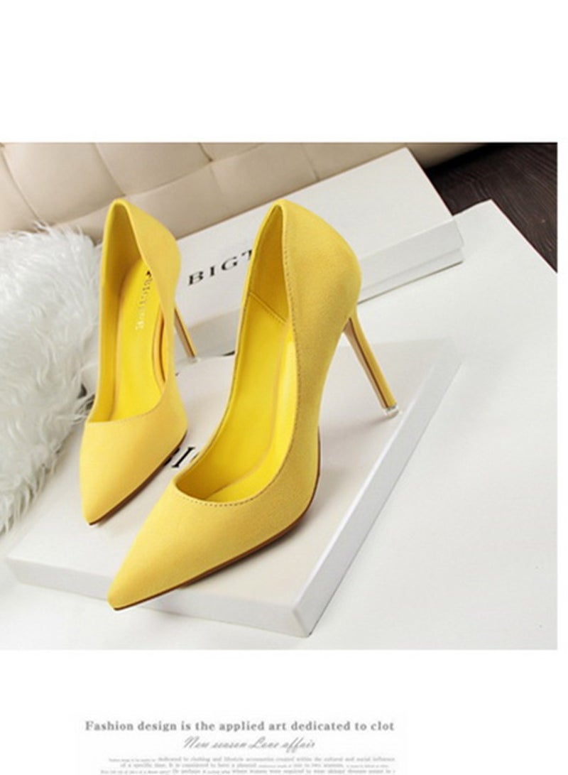 BIGTREE 9cm Korean Version Of Fashion Simple Slim Heel High Heel Shallow Mouth Pointed Suede Slim Heels Yllow - Image 1