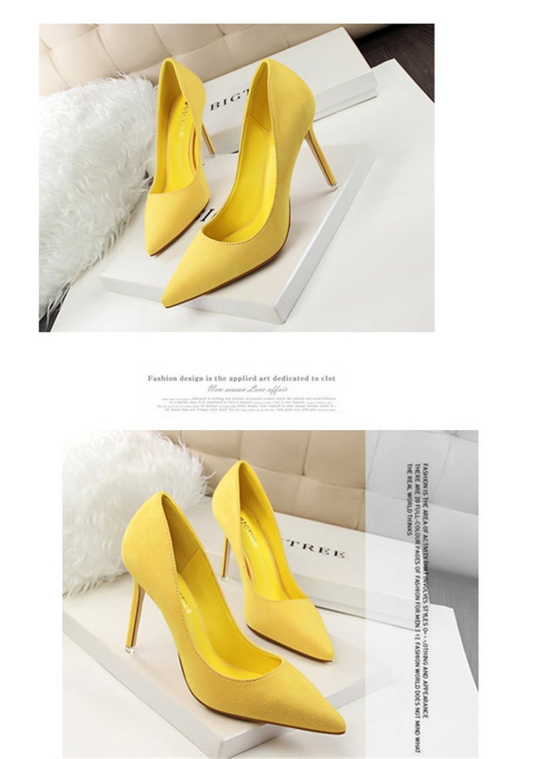 BIGTREE 9cm Korean Version Of Fashion Simple Slim Heel High Heel Shallow Mouth Pointed Suede Slim Heels Yllow - Image 2