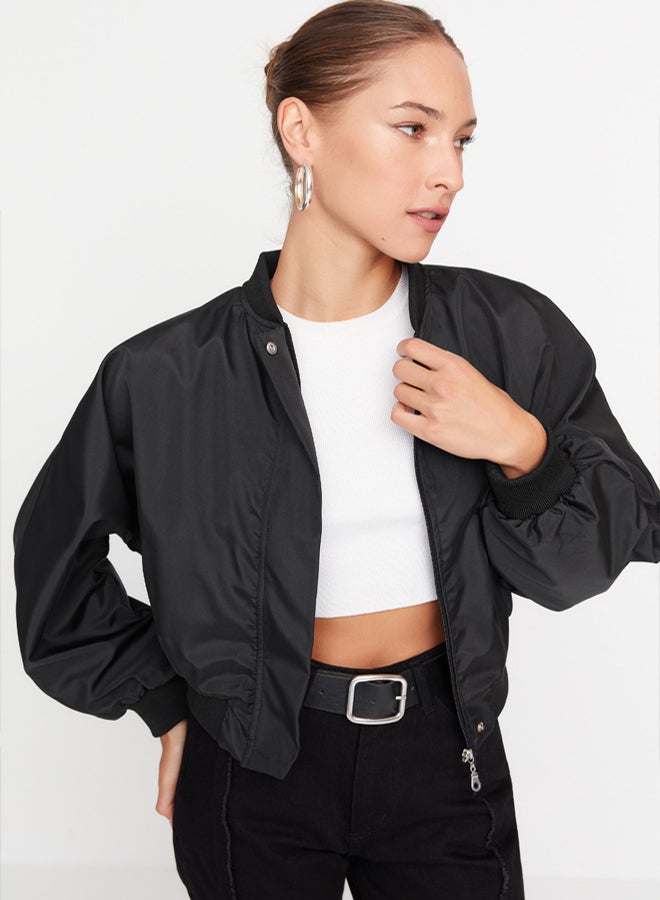 trendyol Black Oversize Drawstring Detailed Water Repellent Bomber Jacket Coat - Image 2