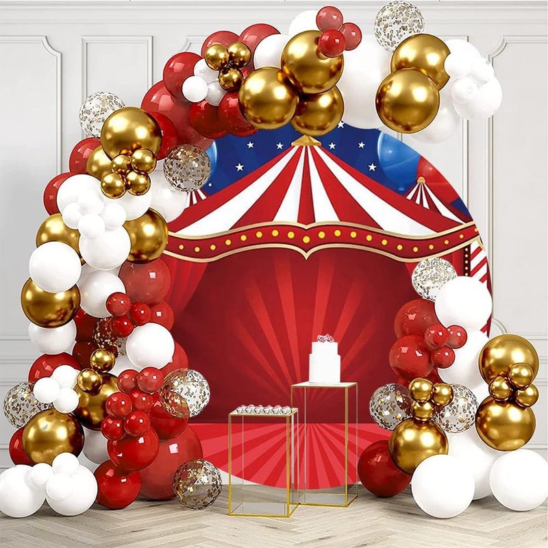 Laeacco لاياكو 72x72 قدم خيمة سيرك خلفية دائرية حمراء سيرك كرنفال خلفية دائرية خيمة كبيرة حمراء مخططة بالون نجمة خلفية تصوير لحفلة استقبال المولود الجديد عيد ميلاد الأطفال لبوث الصور - Image 3