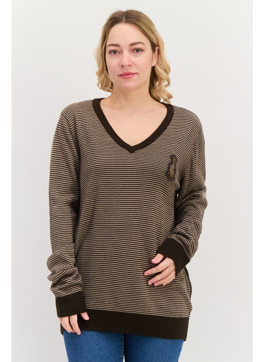 CHRISTIAN AUDIGIER Women V-Neck Stripe Sweater, Beige  - Image 1