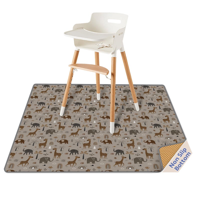Blissful Diary Baby Splat Mat for Under High Chair, 50.4 x 50.4 Inch Wipeable Splash Mat, Waterproof and Washable, Anti-Slip Floor Protector, Elephant&Giraffe - Image 1