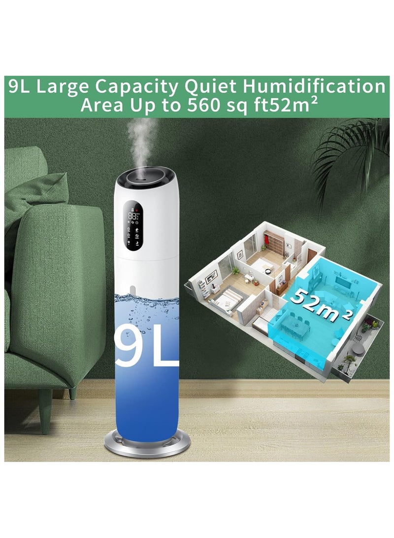 مرطب هواء لغرفة النوم والغرفة الكبيرة، مرطب هواء بالموجات فوق الصوتية برذاذ بارد سعة 9 لتر، يدوم حتى 52 ساعة، مع فوهة 360 درجة، وضع السكون، إيقاف التشغيل التلقائي، إضاءة ليلية، مرطب هواء كبير للأطفال والمنزل والمكتب، أبيض - Image 2