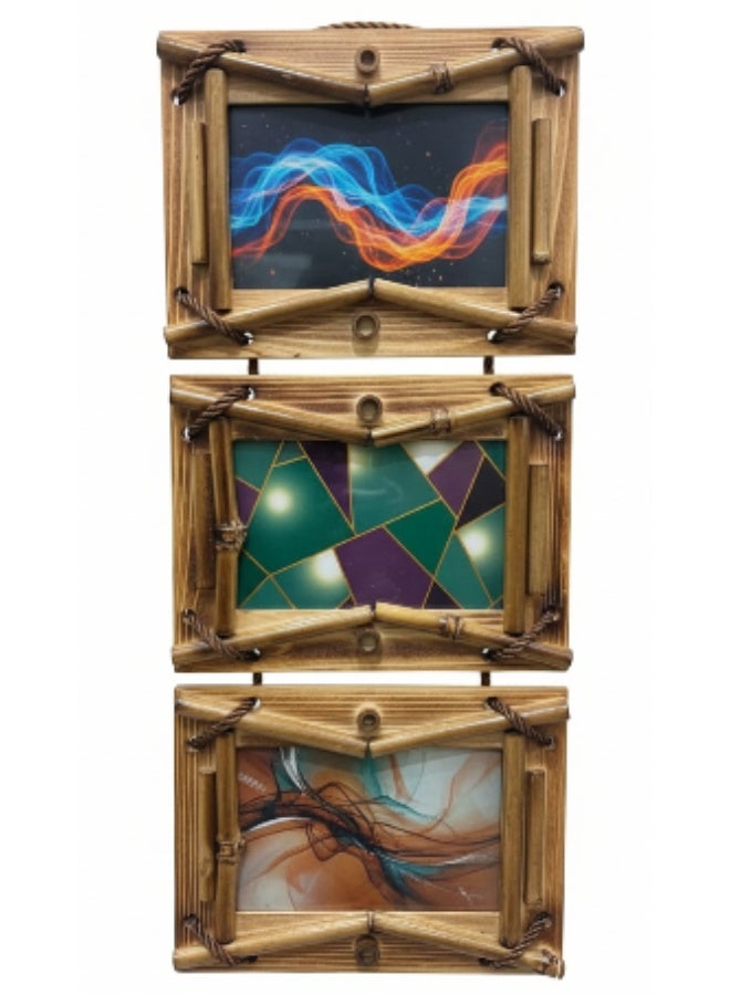 Rustic 4x6" Triple Collage Hanging Picture Frame – Wooden Frame with Bamboo Accents for Modern Boho Wall Décor - Image 1