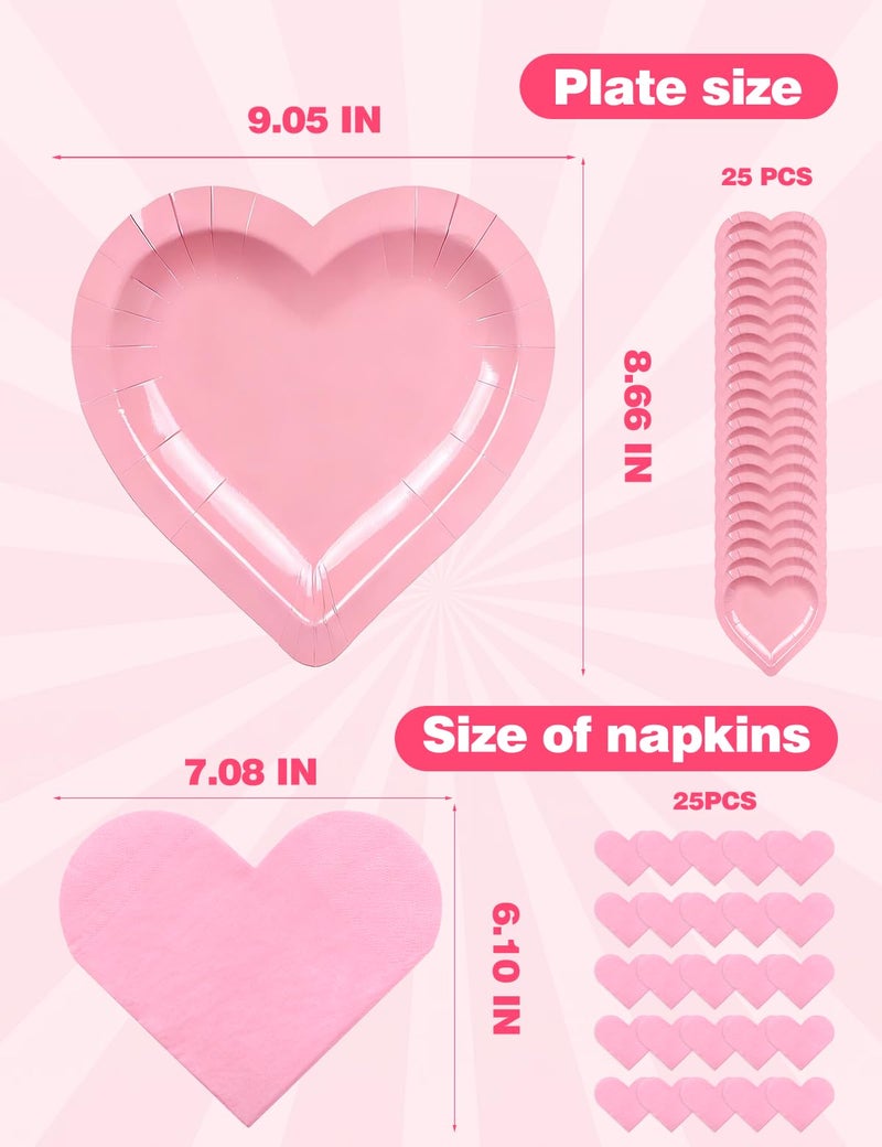 Diltik 50 Pack Valentineâ€™s Day Heart Shaped Paper Plates & Napkins Set, 25 Pink Disposable Dessert Plates 9 Inch & 25 Napkins for Valentine Party, Wedding, Bridal Shower, Anniversary Decorations - Image 3