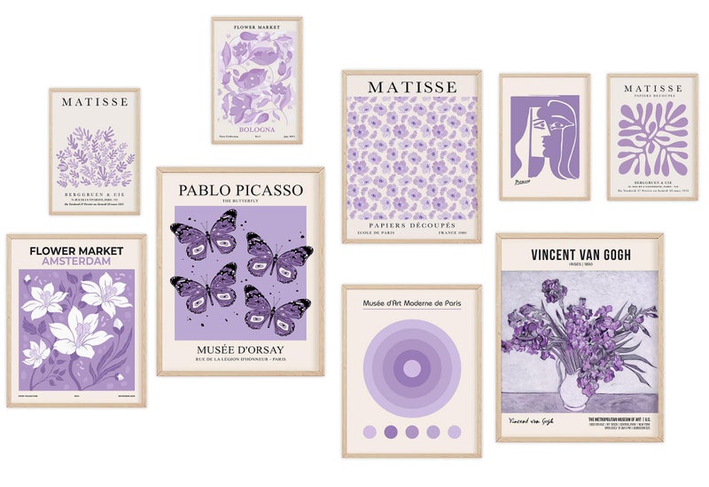 KONGSY Purple Wall Art Prints Set of 9 Lavender Abstract Matisse Exhibition Posters Light Purple Wall Decor Aesthetic Pictures Room Decor for Teen Girls Dorm Bedroom