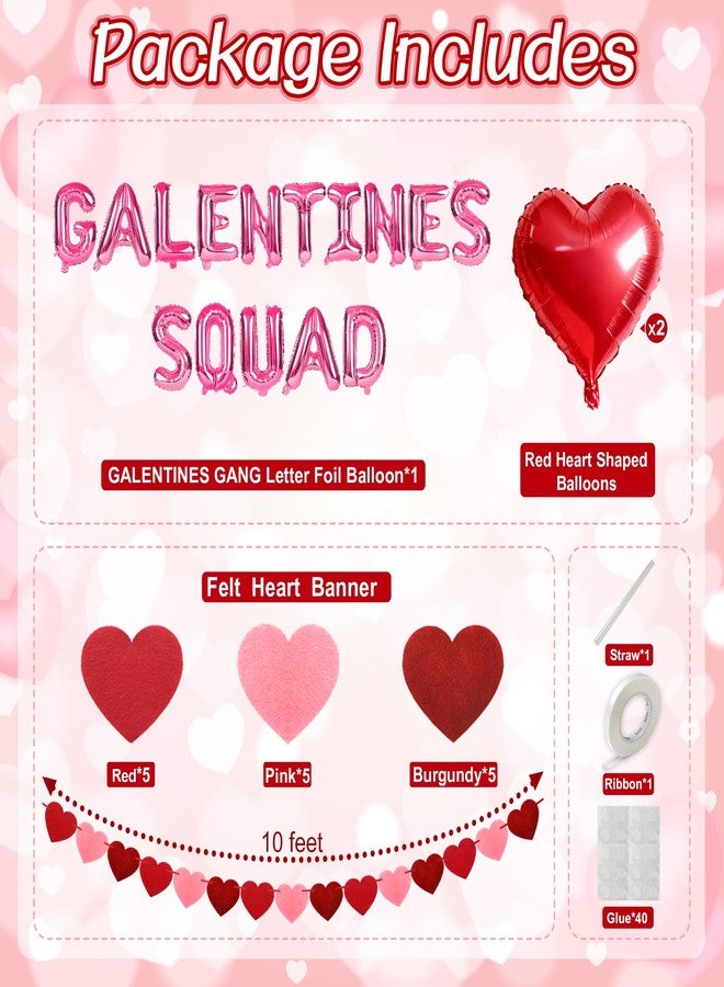 HALOGATE Galentines Day Decorations Set，Includes 16 inch Pink Galentines Squad Letter Balloons,Red Love Heart Foil Balloons,Felt Heart Garland Banner,Galentine's Day Decor,Valentine's Day Supplies - Image 2
