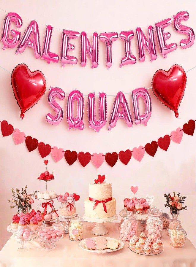 HALOGATE Galentines Day Decorations Set，Includes 16 inch Pink Galentines Squad Letter Balloons,Red Love Heart Foil Balloons,Felt Heart Garland Banner,Galentine's Day Decor,Valentine's Day Supplies - Image 1