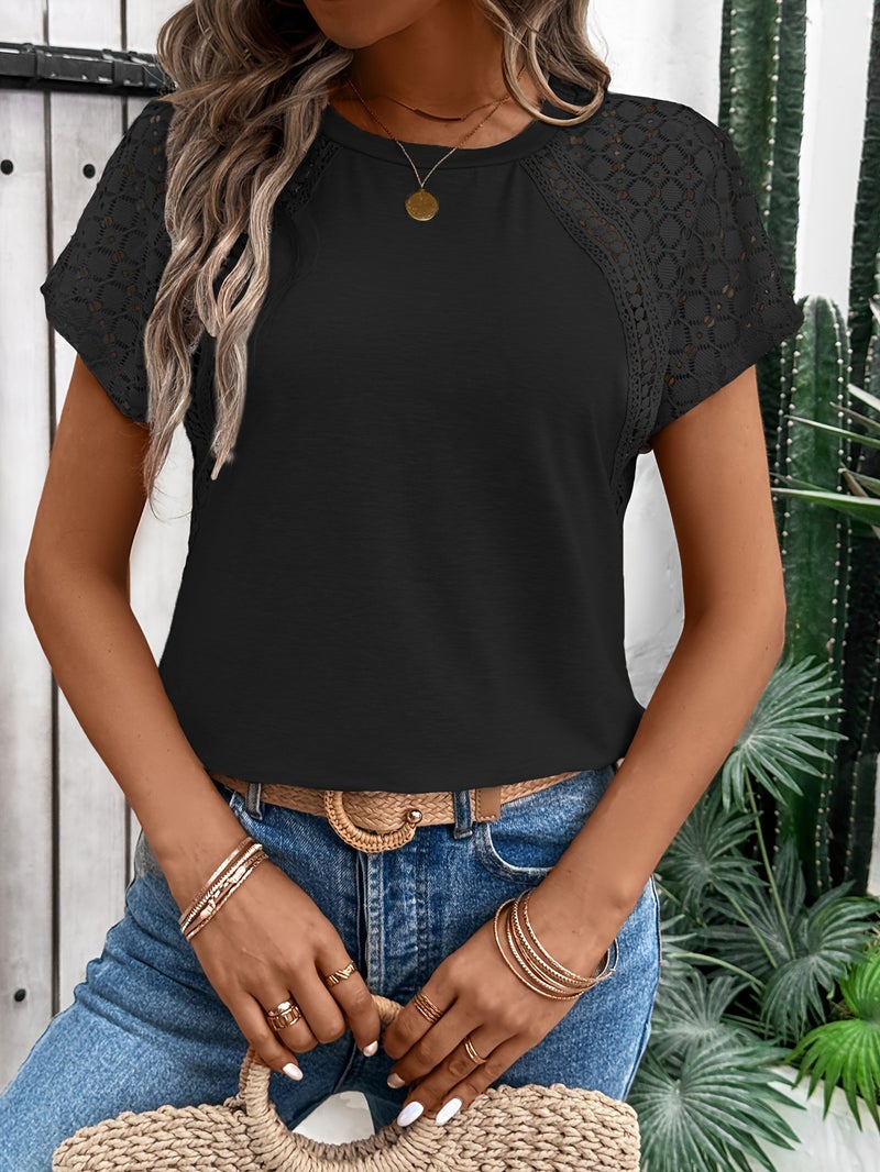 Contrast Lace Crew Neck T Shirt Casual Solid Short Sleeve - Image 3
