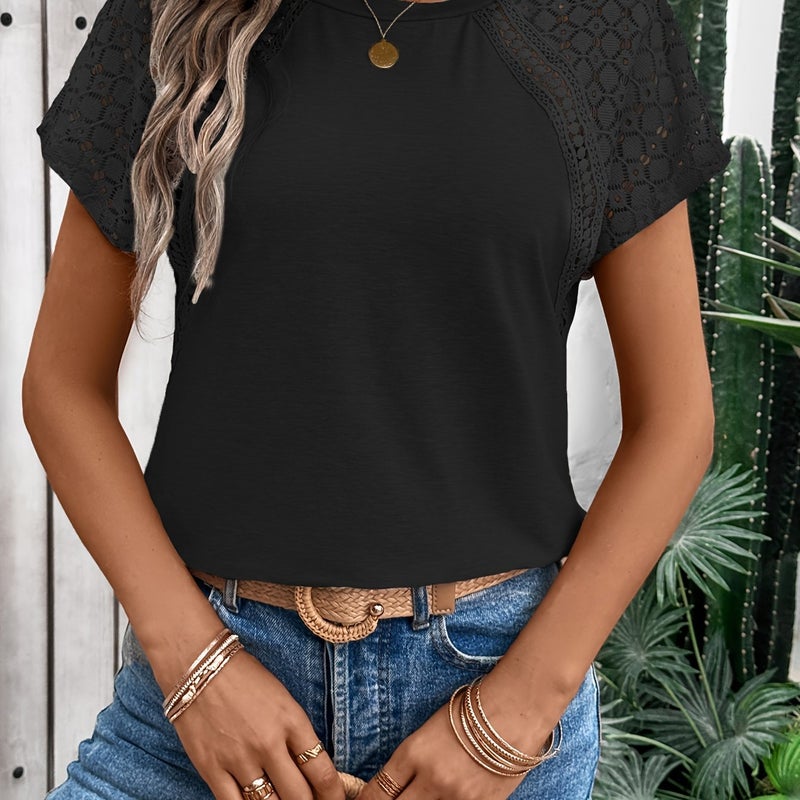Contrast Lace Crew Neck T Shirt Casual Solid Short Sleeve - Image 1