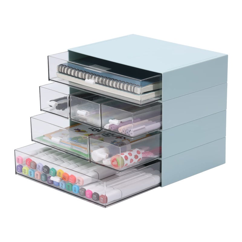 OSteed Desk Craft Organizer and Storage with 7 Flat Drawers Stackable Plastic Desktop Accessories Workspace Organizer for Office Stationary Makeup Skincare Sanitation Supplies Blue