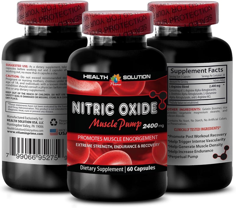 Health Solution Prime مكمل أكسيد النيتريك 2400 ملغ مضخة العضلات قوة قصوى مكملات أكسيد النيتريك مكملات مضخة العضلات للرجال والنساء حبوب التمرين للرجال نمو العضلات 2 زجاجة 120 كبسولة - Image 2
