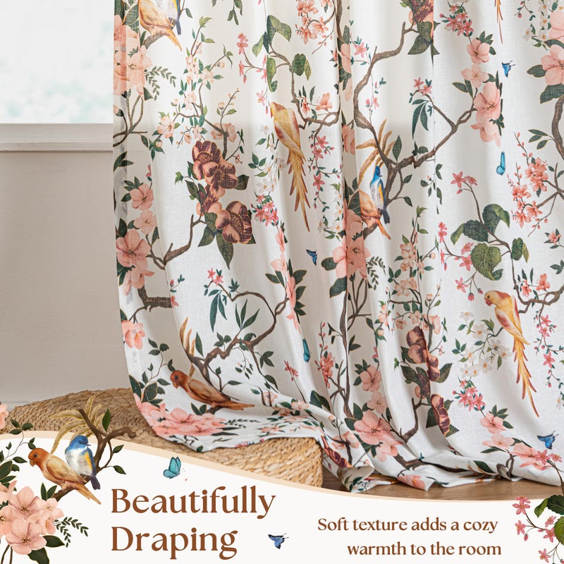Seeluck Spring Beige White and Pink Floral Bird Linen Curtains 84 Inches Long for Living Room 2 Panels Back Tab Vintage Farmhouse Semi Sheer Cream Ivory Print Flower Leaf Window Drapes for Dining Room Bedroom - Image 4
