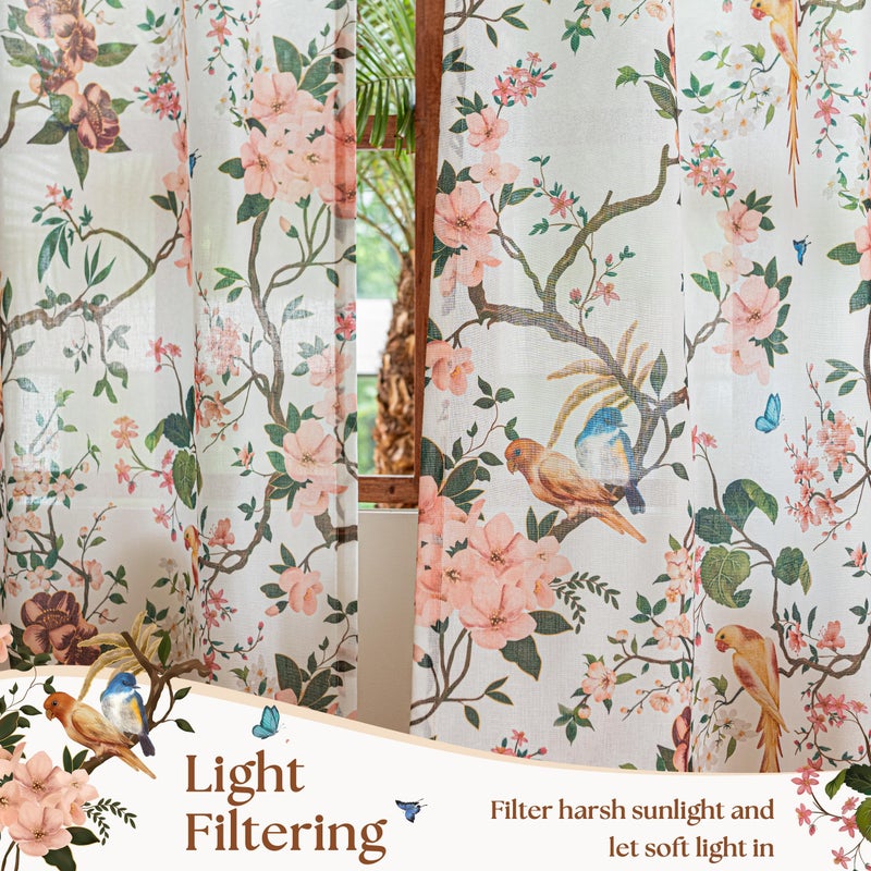 Seeluck Spring Beige White and Pink Floral Bird Linen Curtains 84 Inches Long for Living Room 2 Panels Back Tab Vintage Farmhouse Semi Sheer Cream Ivory Print Flower Leaf Window Drapes for Dining Room Bedroom - Image 2