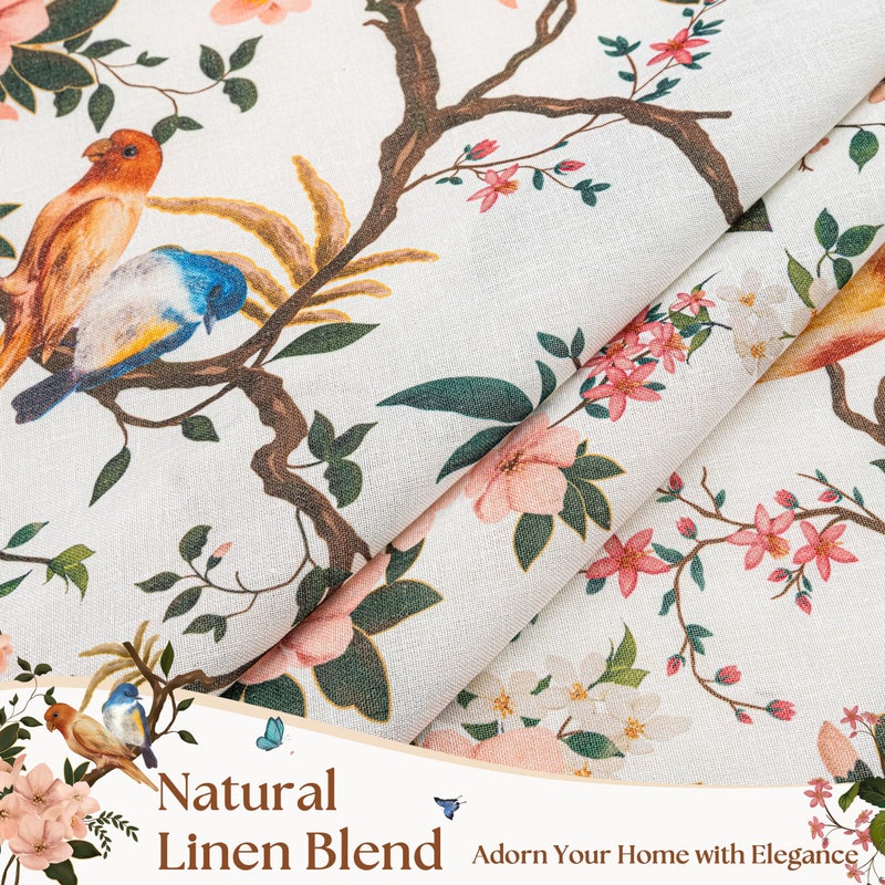 Seeluck Spring Beige White and Pink Floral Bird Linen Curtains 84 Inches Long for Living Room 2 Panels Back Tab Vintage Farmhouse Semi Sheer Cream Ivory Print Flower Leaf Window Drapes for Dining Room Bedroom - Image 3